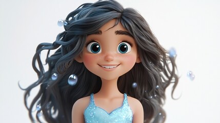 Cheerful cartoon girl with flowing dark hair and a light blue dress, surrounded by light blue bubbles