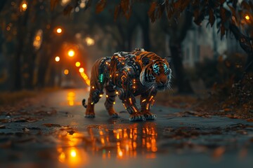A photorealistic tiger with extensive robotic parts walking through an empty neighborhood street at sunset. 