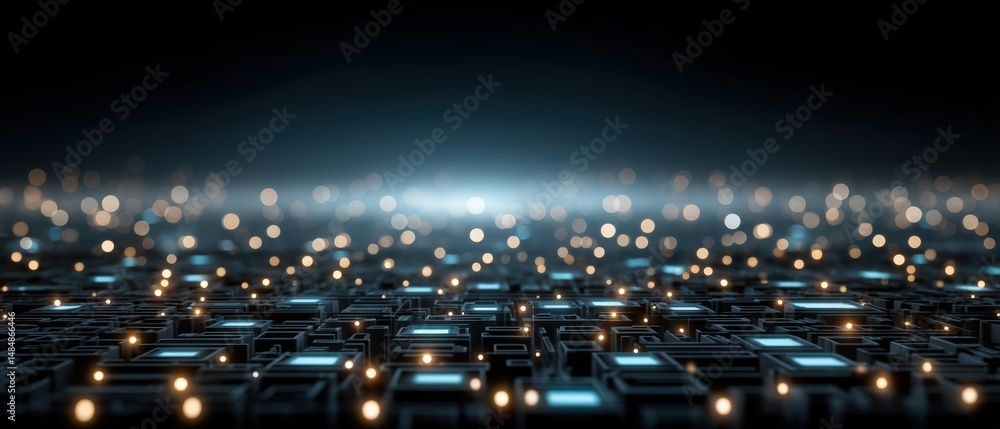 Poster futuristic digital landscape with shimmering lights and illuminated grid patterns showcasing the bea