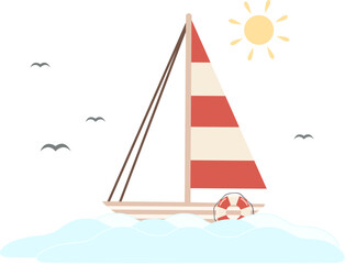 Naklejka premium Summer travel illustration. Vector hand drawn boat and lifebuoy and sun in waves isolated.