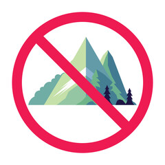 Forbidden sign with mountain icon, no mountain climbing allowed sign, do not climb mountain symbol