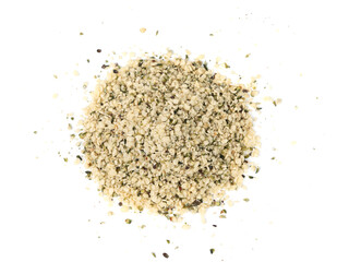 Shelled hemp seeds pile isolated, peeled cannabis grains, marijuana kernels without peel