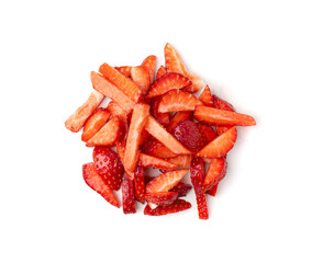 Strawberry pieces isolated, red berry cut set, fresh strawberries slices, summer food ingredient