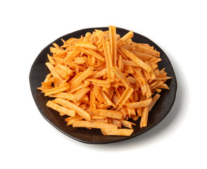 Fried chips sticks isolated, finger potato chips, golden shoestring fries pile, French fries