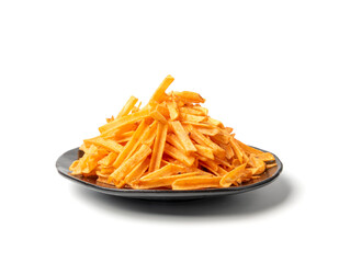 Fried chips sticks isolated, finger potato chips, golden shoestring fries pile, French fries