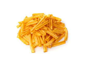 Fried chips sticks isolated, finger potato chips, golden shoestring fries pile, French fries