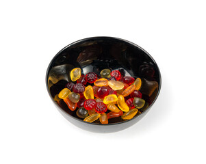 Fruit gummy candy pile isolated, vegan chewing marmalade pills, jelly gumdrops heap