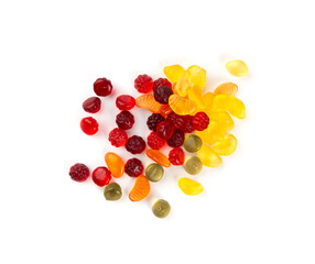 Fruit gummy candy pile isolated, vegan chewing marmalade pills, jelly gumdrops heap