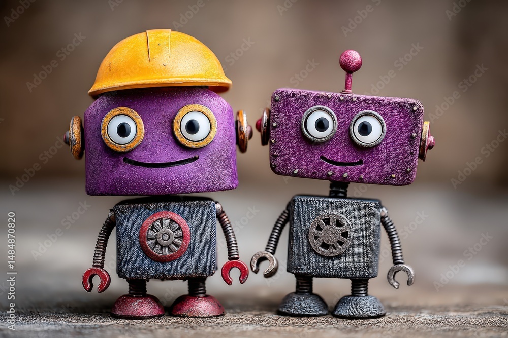 Poster playful robot duo with vibrant purple and yellow colors standing side by side in a whimsical pose sh