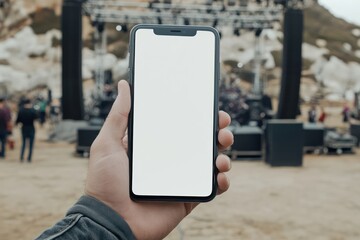 Phone screen mockup at outdoor rock concert