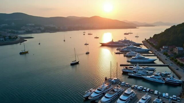 Aerial panoramic view of Balaklava landscape with boats and sea in marina bay on sunset time. Crimea Sevastopol tourist attraction. Drone top view shot of port for luxury yachts, boats and sailboats