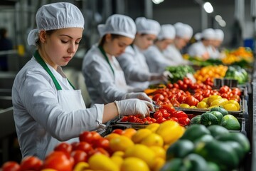 Industrial workers sorting fruits in food plant