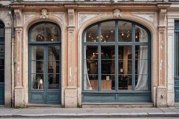 Vacant Boutique Shop Exterior with Large Window and Vintage Plaster Facade in Cozy French Style