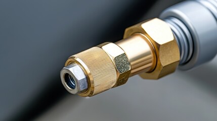 Close-up view of a gold-colored threaded bolt and washer, with a metallic gray background.