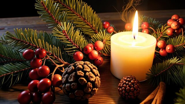 Festive candle surrounded by pine, berries, and cinnamon on wood  