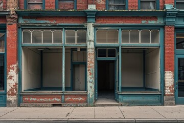 Nostalgic Empty Storefront with Faded Brickwork, Classic Windows, and Spacious Signage Area in a Vibrant Urban Setting