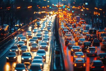 Obraz premium Top view of city traffic jam at night with bokeh