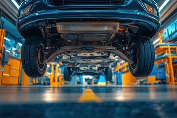 Undercarriage of car lifted for inspection in workshop