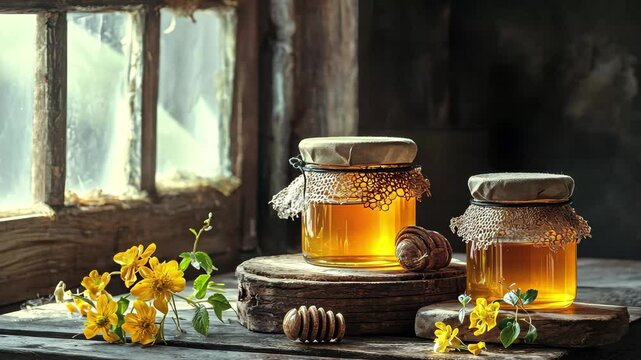 Exploring the beauty of bee propolis and honey on a rustic table with wildflowers, Bee propolis with honey jars, rustic table, natural remedy theme