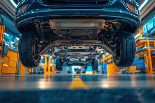 Undercarriage of car lifted for inspection in workshop