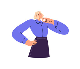 Puzzled woman is thinking about solving problems. Pensive girl doubts, looks for decision. Thoughtful person is pondering. Character with curious thoughts. Flat isolated vector illustration on white