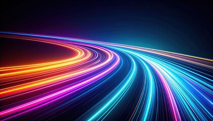 Dynamic light trails on a curved road at night digital art futuristic environment vibrant colors