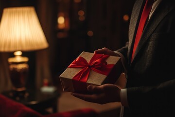 Man gives elegant gift to woman in cozy romantic setting
