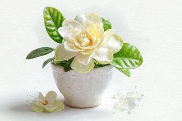 Delicate, cream-colored gardenia in a small white bowl.