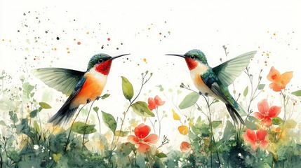 Two hummingbirds amidst vibrant flowers and foliage.  Delicate watercolor style