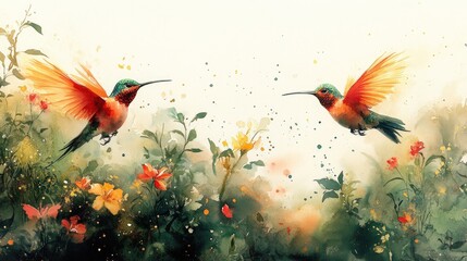 Two hummingbirds in flight amongst vibrant flowers