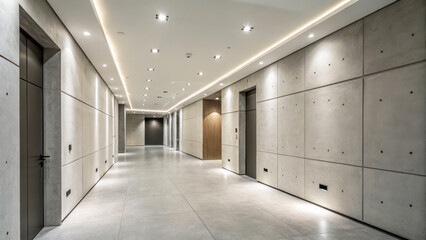 Modern, industrial corridor featuring sleek concrete walls, bright lights, and minimalistic design; ideal for contemporary architecture, urban decor, and real estate visuals