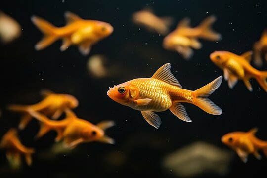 A group of bright orange goldfish swim in dark water with small white spots. Use this for pet, nature, and aquarium related projects or presentations.