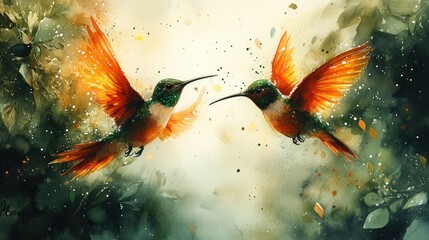 Two hummingbirds in flight, vibrant colors, natural setting