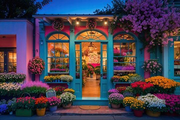 Whimsical Flower Boutique Exterior in Colorful Neighborhood with Abundant Blooms at Twilight