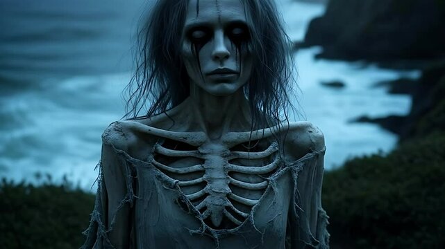 Eerie Skeletal Figure With Flowing Hair Stares Out Over A Dark Turbulent Sea On An Overcast Day

