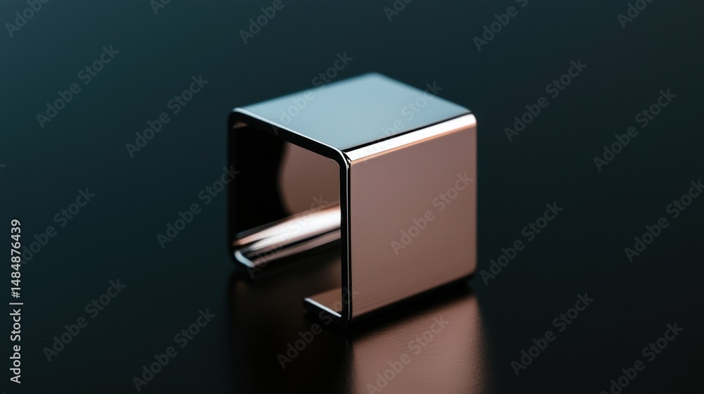 Poster a shiny metallic cube with a curved edge.