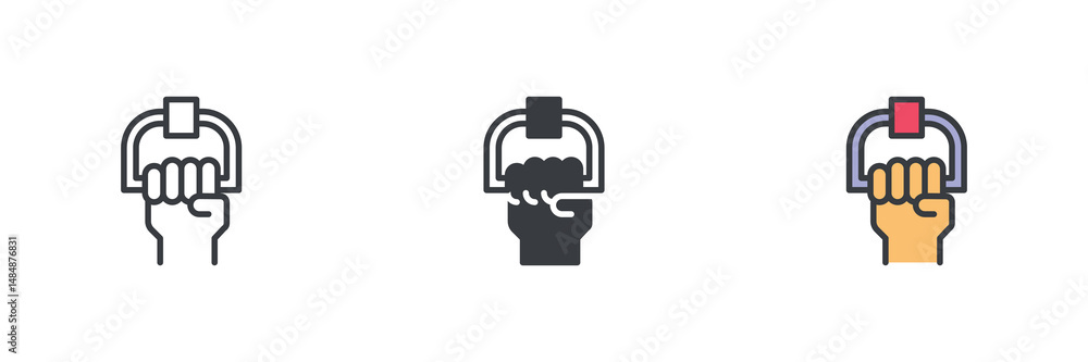 Poster hand holding a grab bar different style icon set