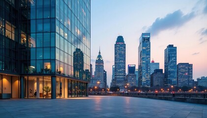 Modern glass and steel commercial building exterior, city skyline backdrop , steel, sunny