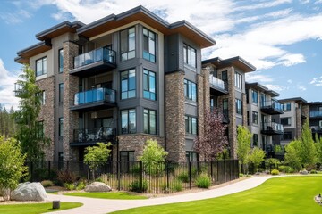 Modern suburban apartment complex with large glass windows and stone accents
