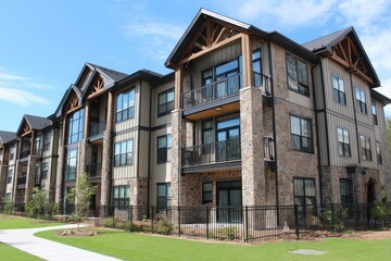 Spacious three-story apartment building with panoramic windows and stone accents