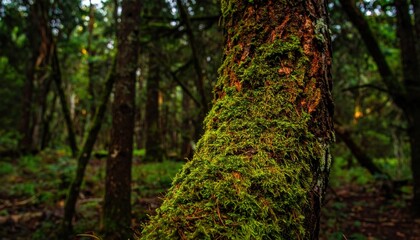Naklejka premium Exploring moss-covered trees in a serene forest setting nature photography tranquil environment close-up view