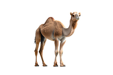 A standing dromedary camel with a single hump, curly fur, and alert posture, isolated on a transparent background