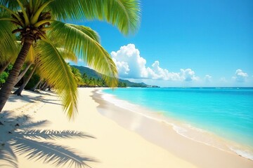 Fototapeta premium Idyllic sunny beach scene with clear blue water and golden sand, perfect for summer vacation , heat, water