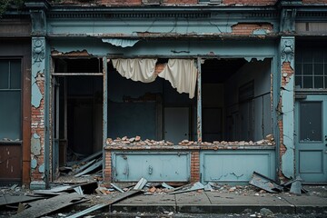 Crumbling Storefront Illustrating Abandonment and Melancholy in a Gritty Urban Scene