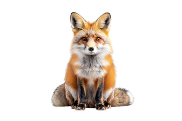 Fototapeta premium Adorable red fox sitting with bushy tail curled, vibrant orange fur and white chest, isolated on a transparent background