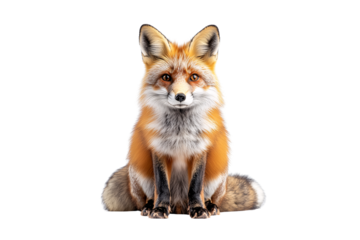 Adorable red fox sitting with bushy tail curled, vibrant orange fur and white chest, isolated on a transparent background