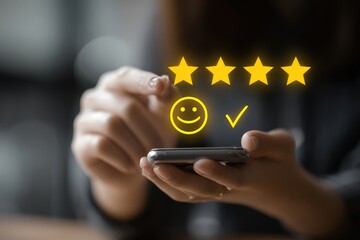 Person giving five-star rating on phone with happy face and checkmark icon