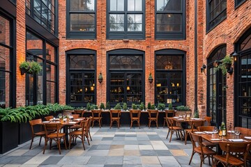 Fototapeta premium Vibrant Brick Dining Space with Oversized Glass Windows and Cozy Patio Seating