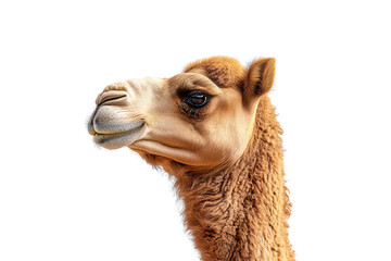 Fototapeta premium Close-up of a camel's head, showing detailed fur texture and expressive eye, isolated on a transparent background