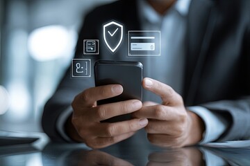 Businessman making secure online payment on smartphone with digital finance icons